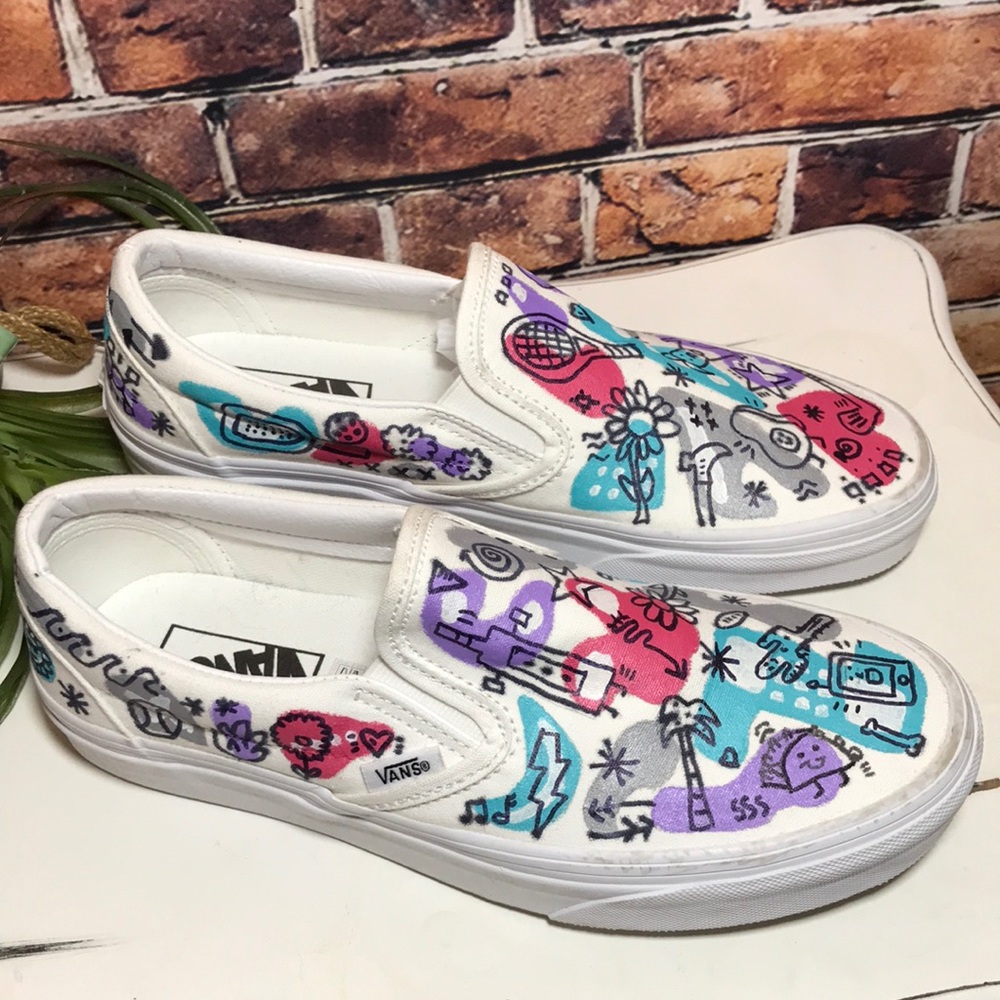 💙Vans Canvas Hand painted Christmas Edition Slip On Shoes - Picture 6 of 16
